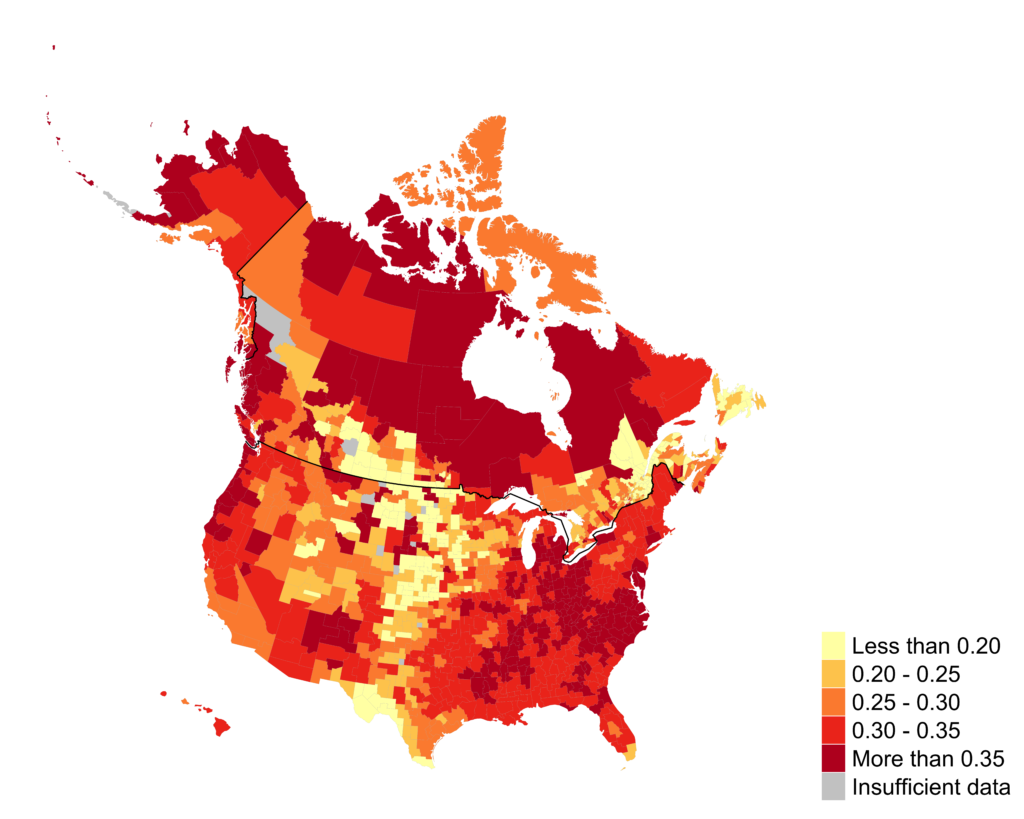 Map of Canada and the United States showing mobility by region 