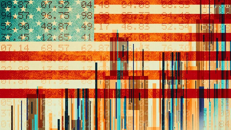 Graphic of American Flag superimposed with graphs and financial symbols