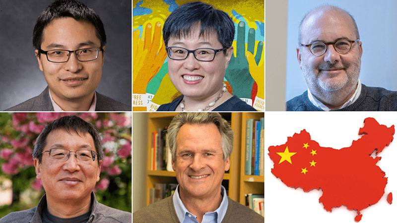 Headshots of the 4 speakers and moderator alongside map of China overlaid with China's flag