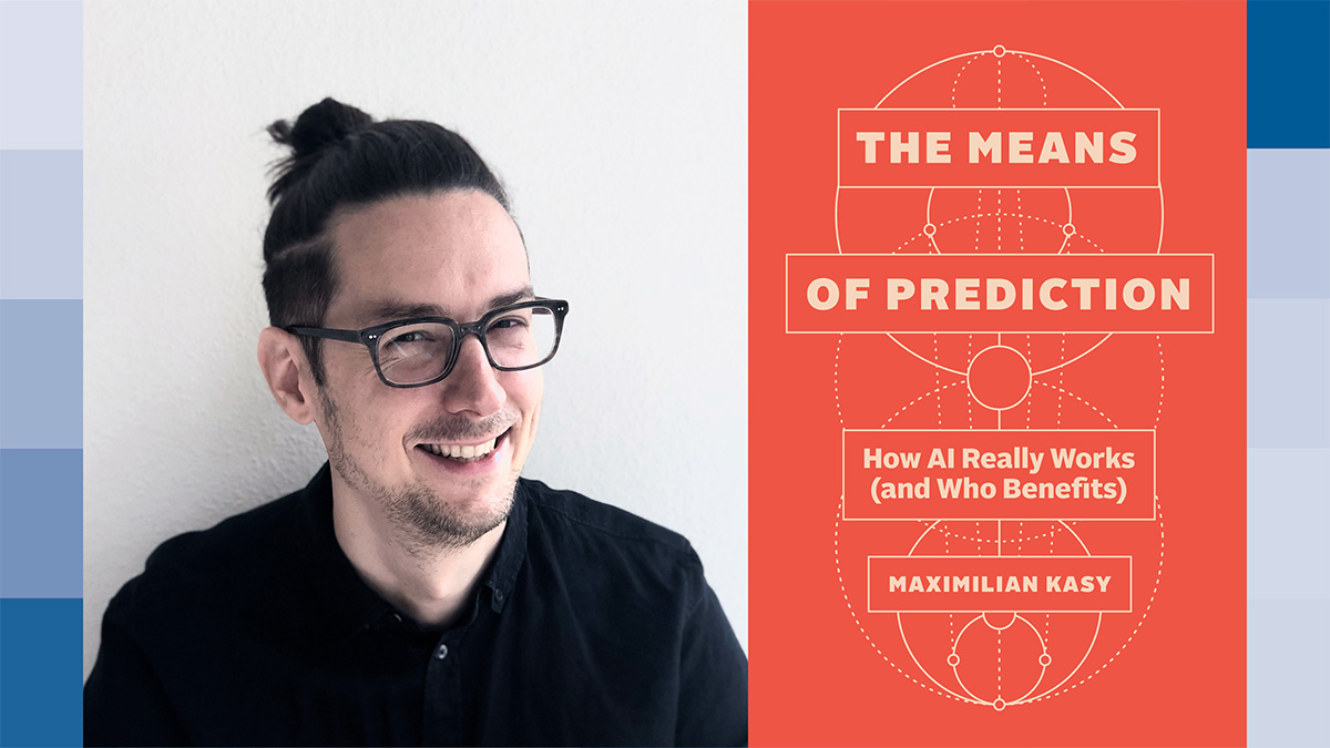 Headshot of Max Kasy next to red cover of his new book