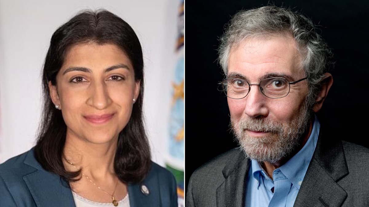 Headshots of Lina Khan and Paul Krugman