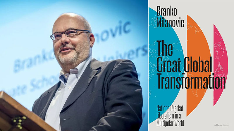 On the left Branko Milanovic speaking at a podium; on the right, the cover of the British edition of his book "The Great Global Transformation"